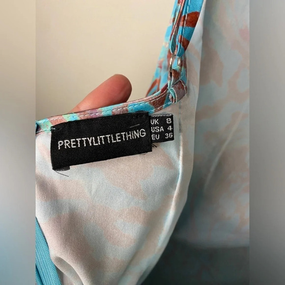 PrettyLittleThing Blue Leopard Print Strappy Satin Cowl Midi Dress - Picture 7 of 11